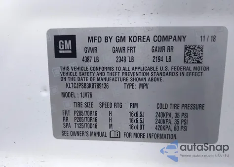 2019 Chevrolet Trax Lt from USA, damaged, VIN KL7CJPSB3KB789136